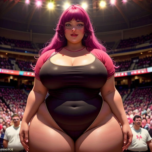 a woman in a big assy outfit standing in front of a crowd of people in a stadium with a large breast