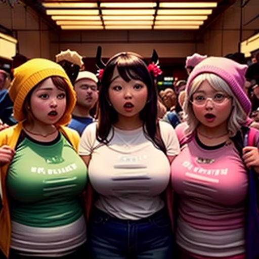 a group of people standing next to each other in a room with a ceiling fanciful light above them