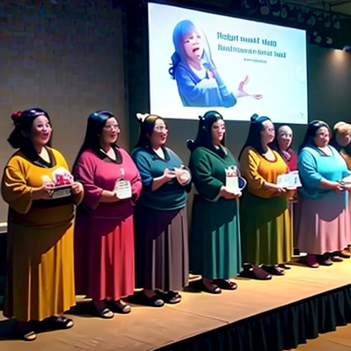 a group of women standing on a stage with a screen behind them and a screen behind them that says,
