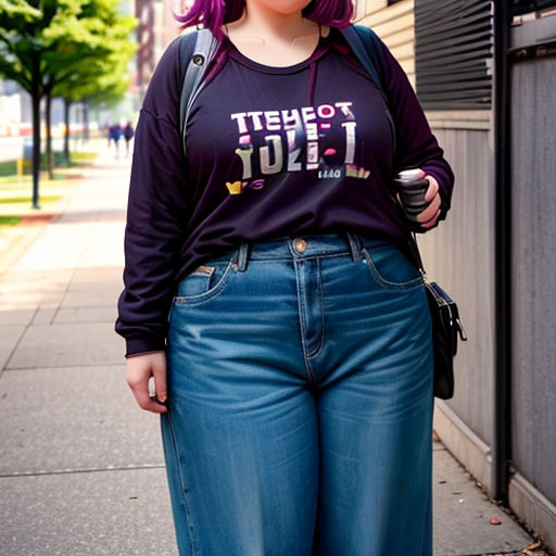 a woman with purple hair and a purple shirt is standing on a sidewalk and smiling at the camera,