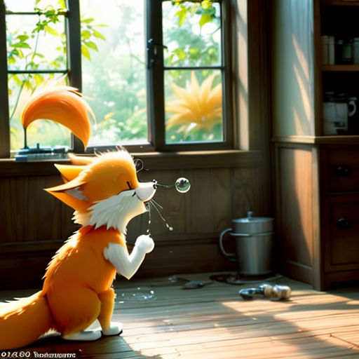 a fox is blowing bubbles in a room with a window and a table with a potted plant on it