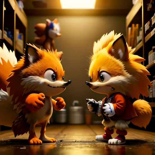 two cartoon foxes are standing in a library together, one is pointing at the other's hand and the other is pointing at the other
