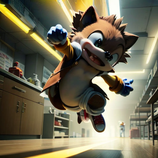 a cartoon character is flying through the air in a kitchen with a counter and cabinets in the background and a person in the background