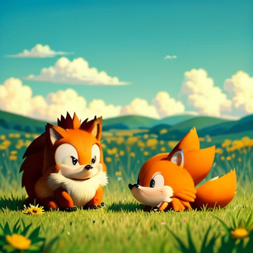 a couple of foxes sitting on top of a lush green field of grass and flowers in front of a blue sky