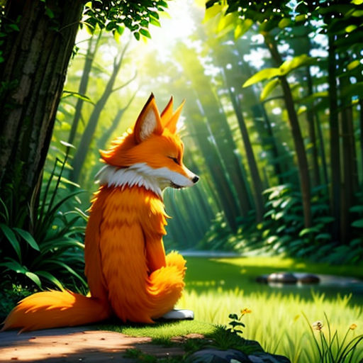 a fox sitting in the middle of a forest with a stream running through it's sides and trees
