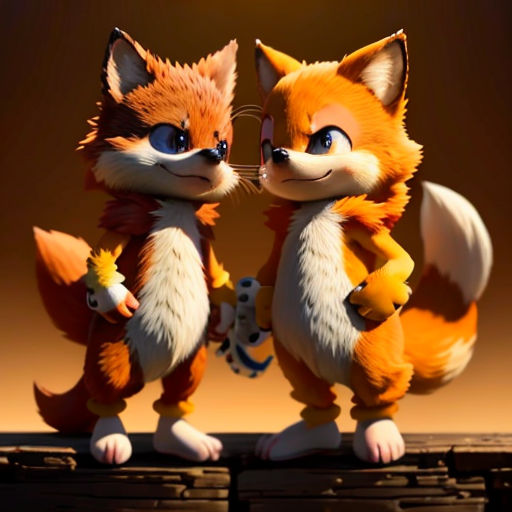 two cartoon foxes standing next to each other on a table with a light shining on them and a dark background