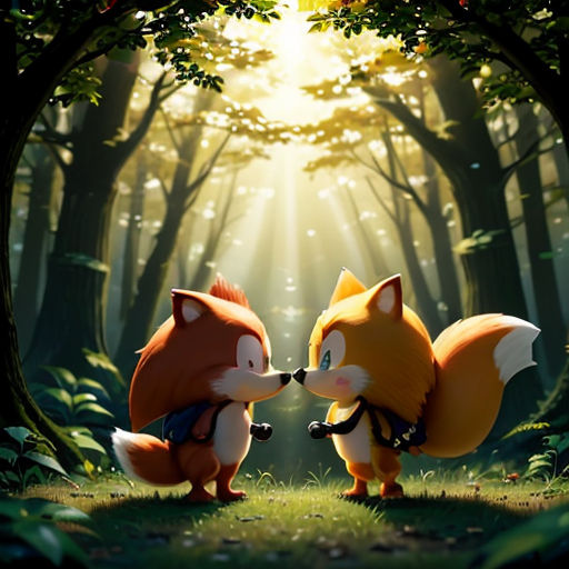 two foxes are kissing in the woods with sunlight coming through the trees behind them and a forest scene in the background