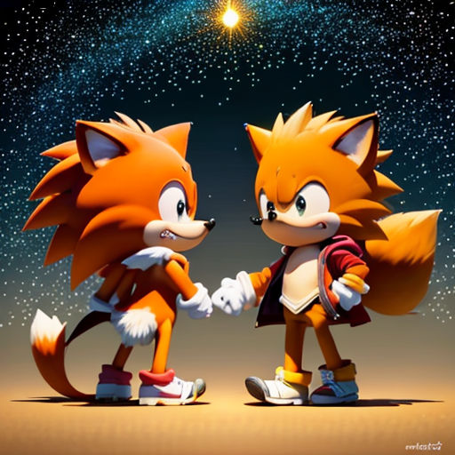 two cartoon foxes are shaking hands in front of a night sky with stars and a bright light above them