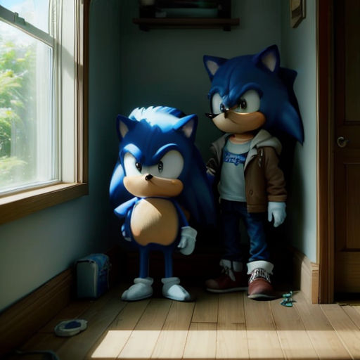 a couple of cartoon characters standing next to each other in a room with a window and a door in front of them