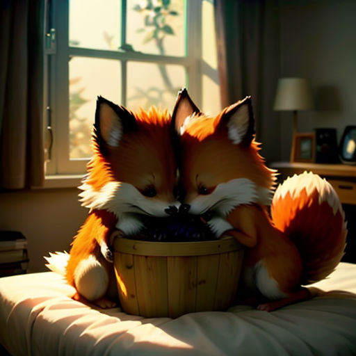 a fox sitting on a bed with a basket of food in it's mouth and a window behind it