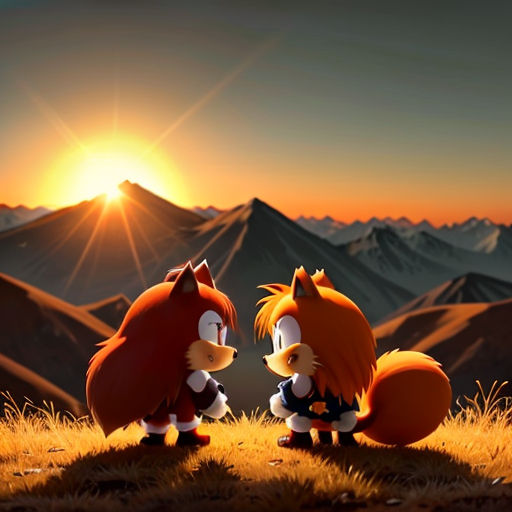 two cartoon characters are sitting in the grass with a mountain background in the background, and the sun is setting