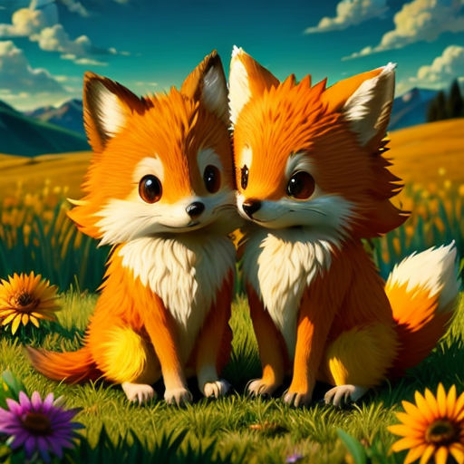 two little foxes sitting in a field of flowers with mountains in the background and clouds in the sky above
