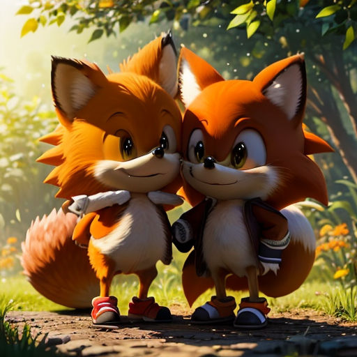two cartoon foxes standing next to each other on a field of grass and flowers, one of them is hugging the other