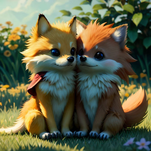 two foxes sitting next to each other on a field of flowers and grass with mountains in the background and a sky with clouds