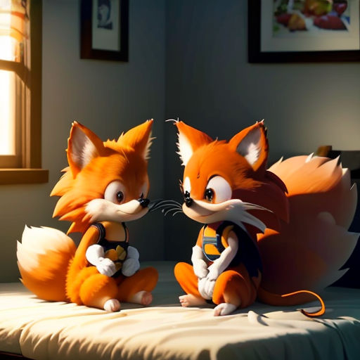 a couple of foxes sitting on top of a bed next to each other on a bed cover covered in a blanket