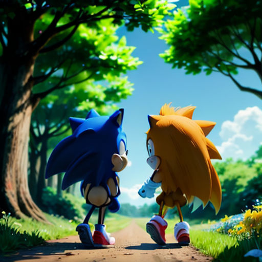 two sonic and tails walking down a dirt road in a forest with trees and flowers on either side of the road