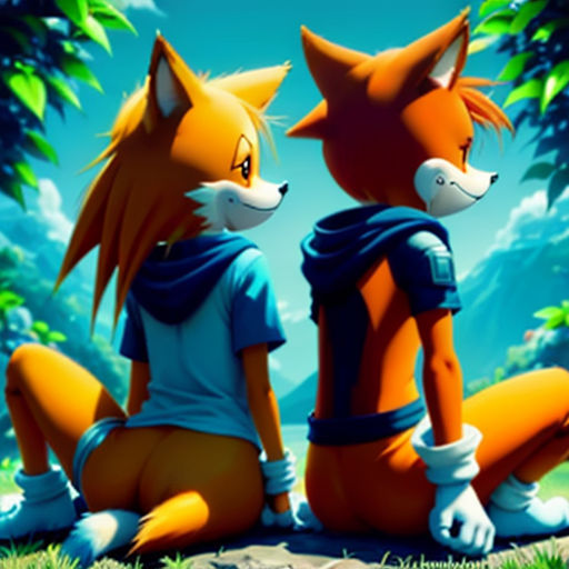 two foxes sitting on the ground in the forest looking at each other with their eyes closed and their tails curled up
