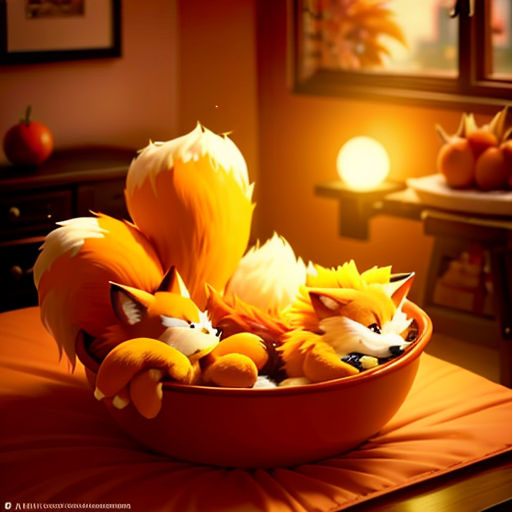 a bowl of stuffed animals on a table in a room with a window and a table lamp in the background