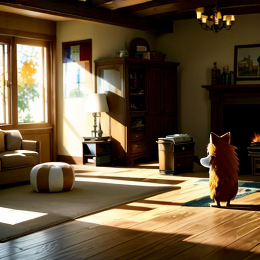 a living room with a fire place and a dog sitting on the floor in front of the fire place