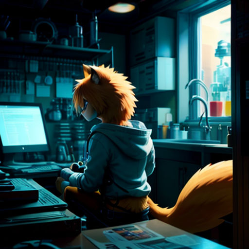 a person sitting at a desk with a computer and a cat on it's lap in a dark room