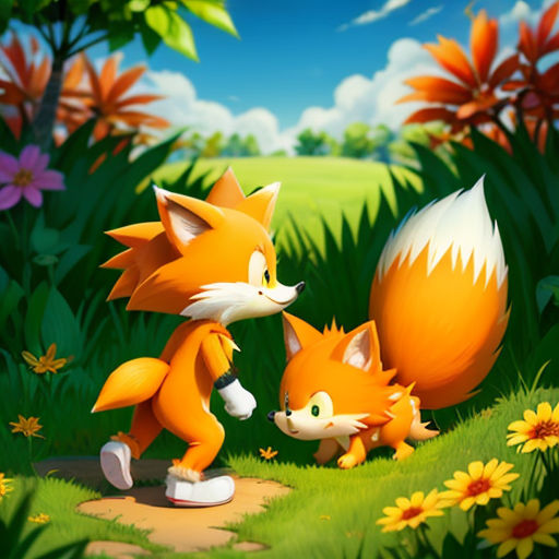 a couple of foxes walking across a lush green field next to flowers and a forest filled with flowers and trees