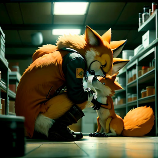 a fox and a dog are in a room with shelves and shelves of books and a camera in front of them