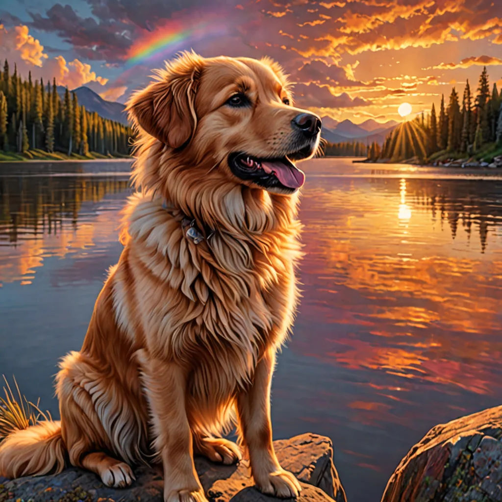 a golden retriever sitting on a rock in front of a lake with a rainbow in the sky above, fine art, a photorealistic painting, artist, affinity photo