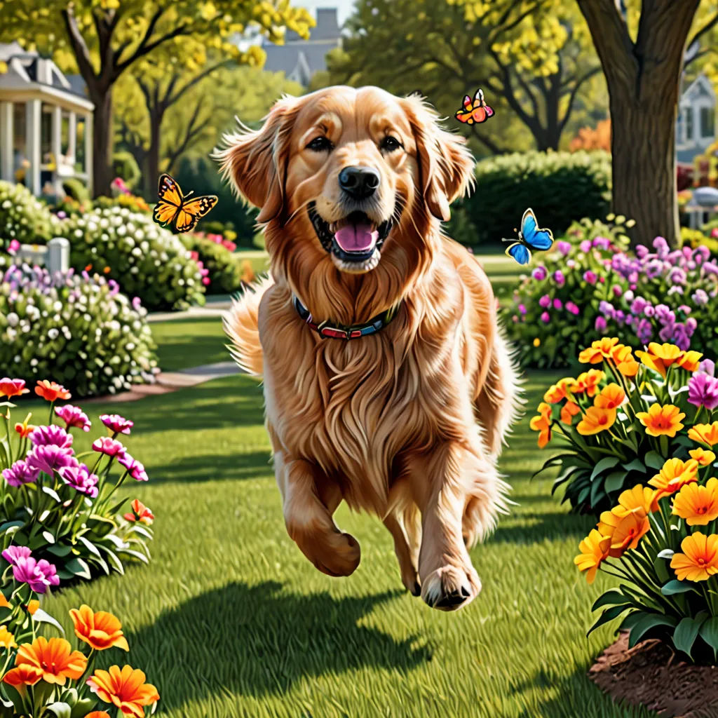 a dog running through a garden with flowers and butterflies flying around it's neck and head, with a house in the background, american scene painting, a photorealistic painting, Chris LaBrooy, highly detailed digital painting