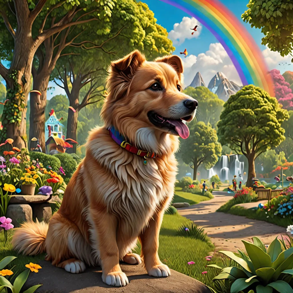 a dog sitting on a rock in a garden with a rainbow in the background and a rainbow in the sky, furry art, a detailed matte painting, Chris LaBrooy, highly detailed digital painting