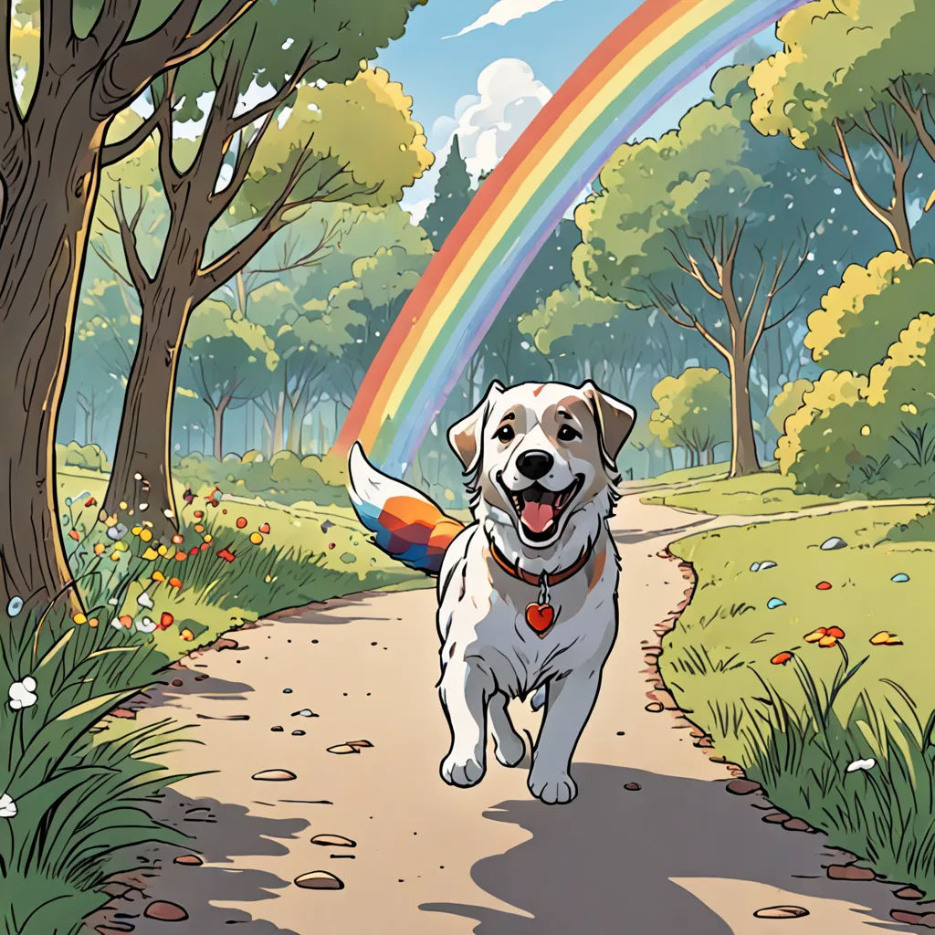 With his tail wagging in excitement, Max began his quest, following the rainbow's path across the park, not knowing what was waiting for him.