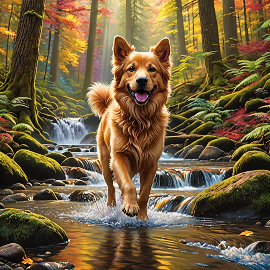 a dog running through a stream in a forest with rocks and trees in the background and a waterfall in the foreground, american scene painting, an airbrush painting, Chris LaBrooy, highly detailed digital painting