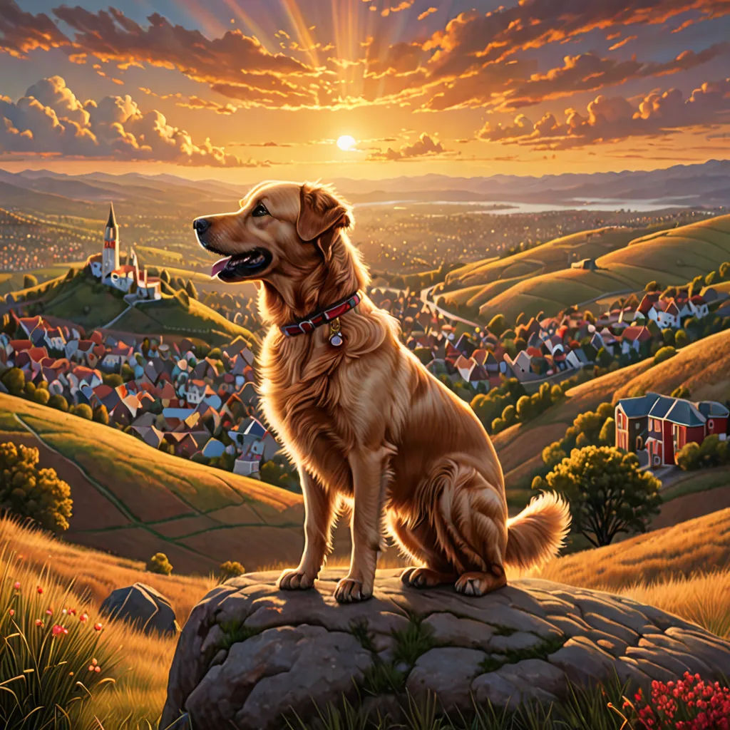 a painting of a dog sitting on a rock in a field with a sunset in the background and a town in the distance, american scene painting, a fine art painting, Chris LaBrooy, kinkade