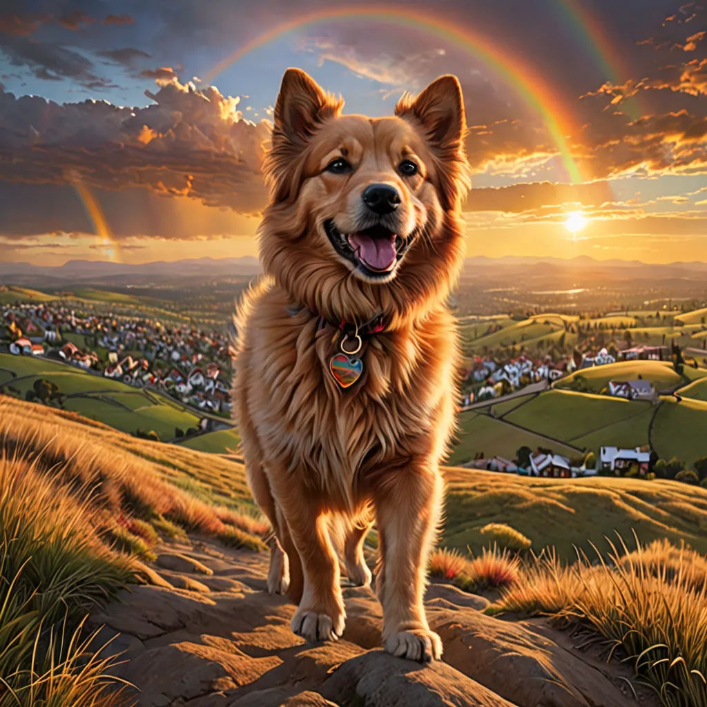 a dog standing on a rock with a rainbow in the background and a sunset in the sky above it, art photography, a photorealistic painting, Chris LaBrooy, award - winning photography
