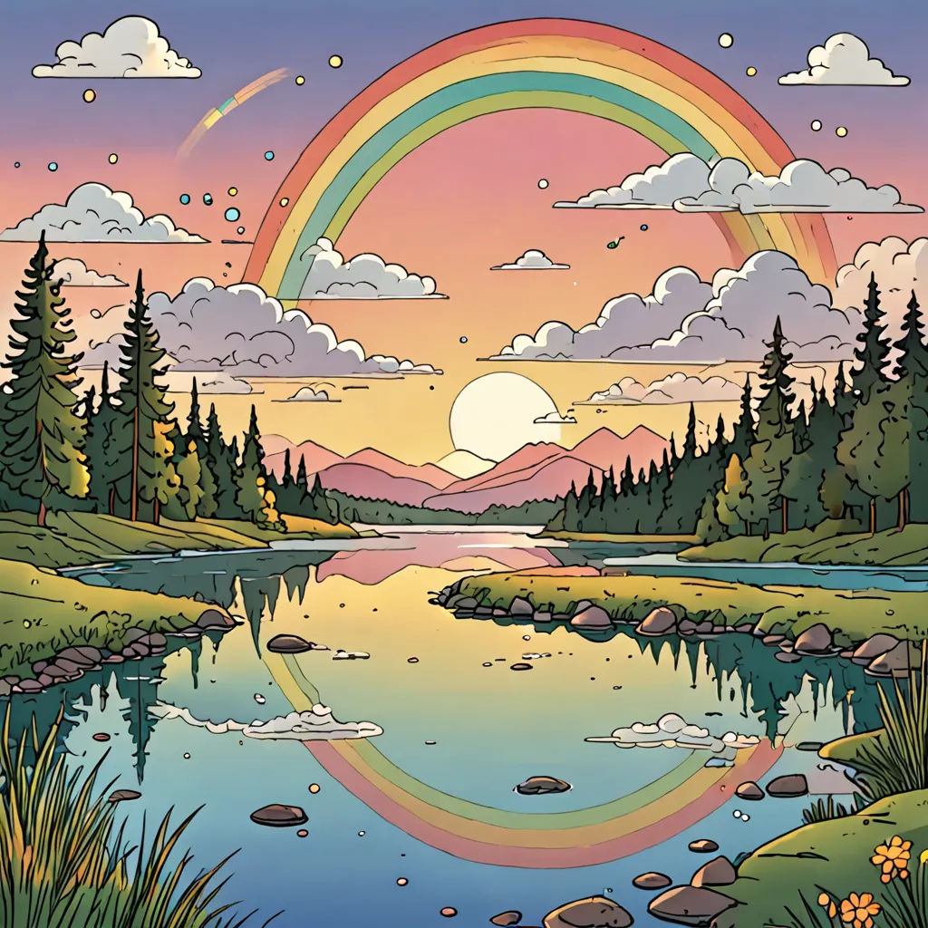 Max reached the end of the rainbow, but there was no pot of gold. Instead, there was a peaceful lake reflecting the colors of the sunset.