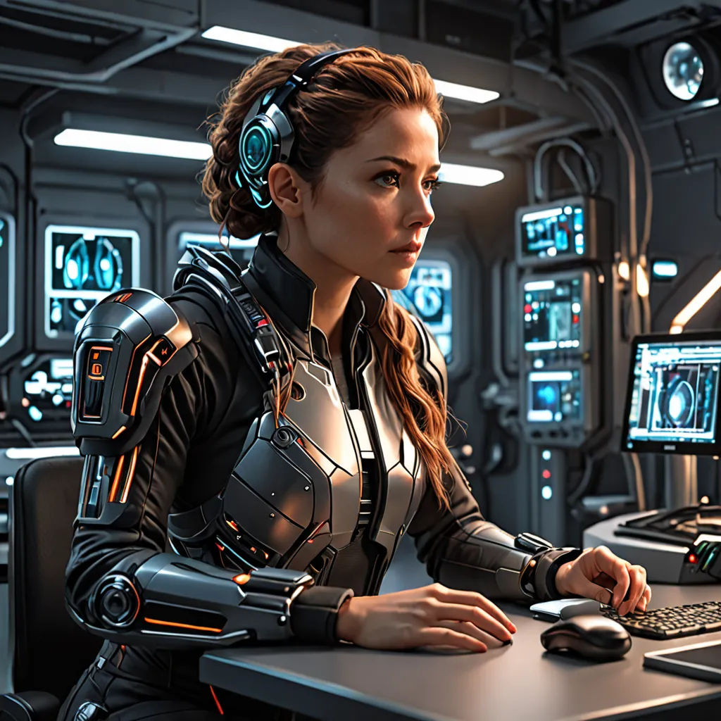a woman in a sci - fi outfit sitting at a desk with a computer and headphones on her head, computer art, computer graphics, Eve Ryder, cgstudio