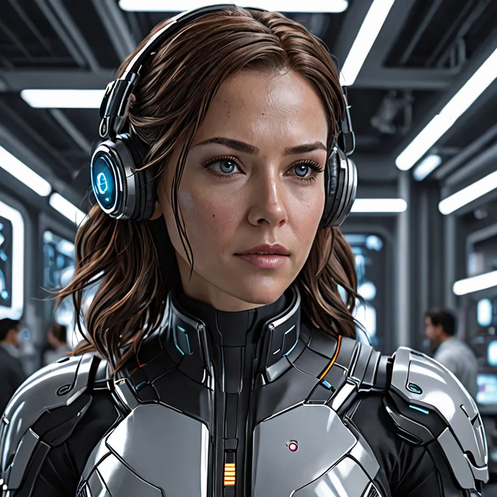 a woman in a futuristic suit with headphones on her ears and a sci - fi fi fi fi fi fi fi fi fi fi fi fi fi fi fi fi fi fi fi fi fi fi fi fi fi fi fi fi, computer art, a detailed painting, Eve Ryder, stanley artgerm lau