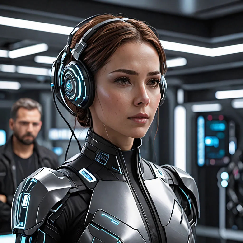 a woman in a futuristic suit with headphones on in a room with other people in the background and a man in the background, panfuturism, computer graphics, Eve Ryder, promotional image