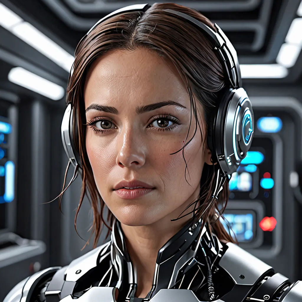 a woman in a futuristic suit with headphones on her ears and a sci - fi fi fi fi fi fi fi fi fi fi fi fi fi fi fi fi fi fi fi fi fi fi fi fi fi fi fi fi, photorealism, a computer rendering, Cedric Peyravernay, cgstudio