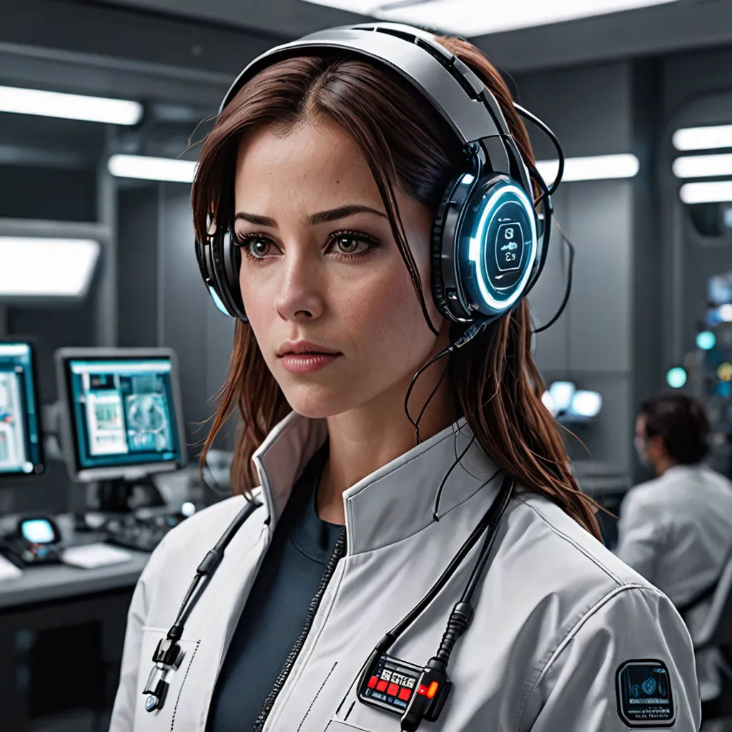 a woman wearing headphones in a control room with a computer screen in the background and a man in the background, space art, concept art, Eve Ryder, tech wear