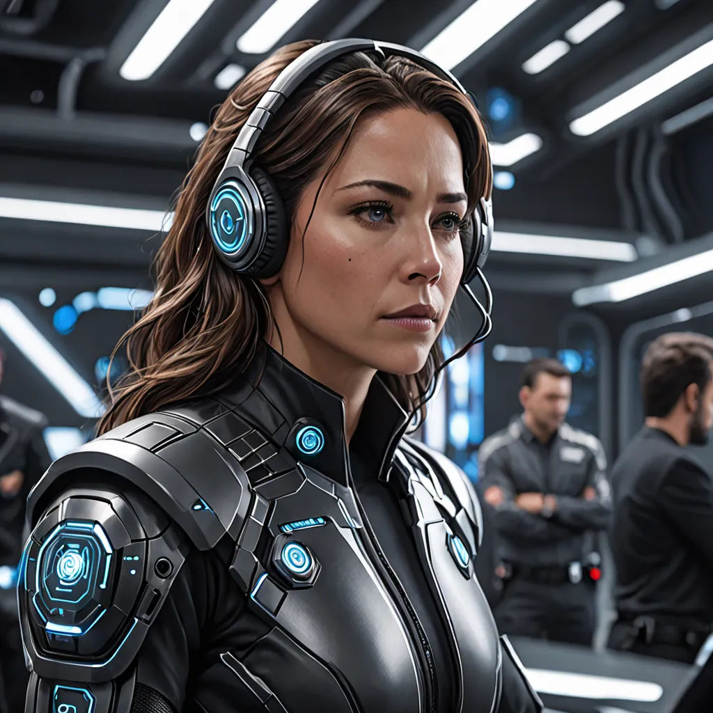a woman in a futuristic suit with headphones on and a man in a suit in the background looking at the camera, panfuturism, computer graphics, Eve Ryder, promotional image