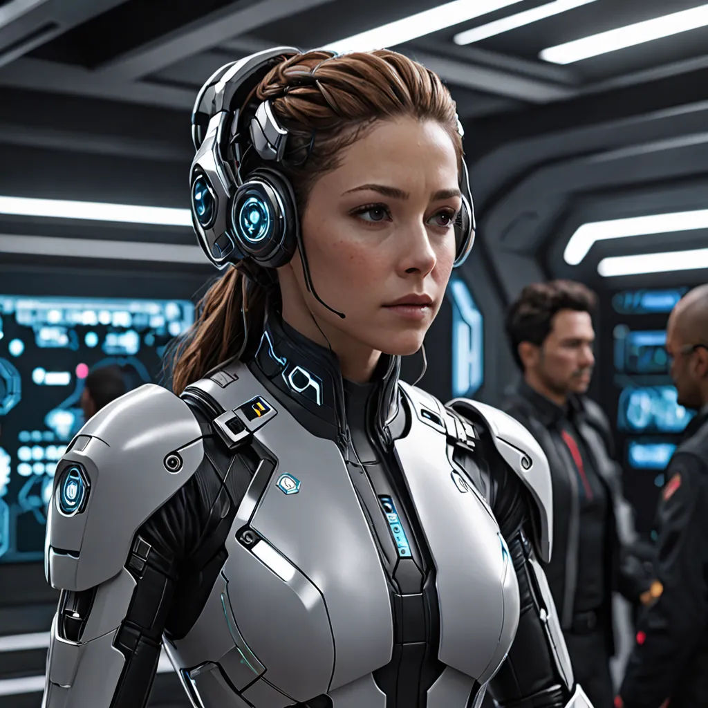 a woman in a futuristic suit with headphones on and a group of men in the background looking at her, photorealism, a computer rendering, Eve Ryder, cgstudio