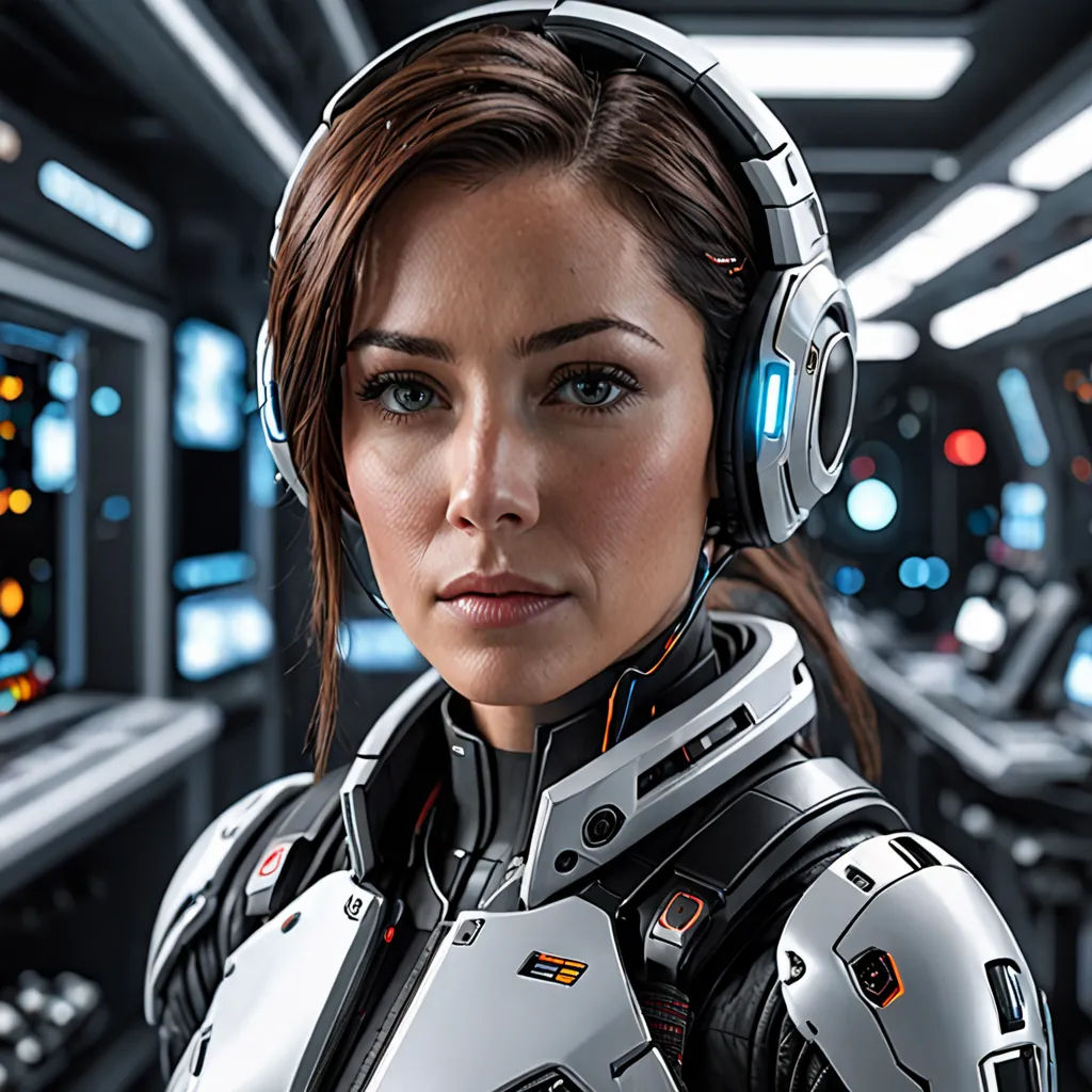 a woman in a futuristic suit with headphones on and a sci - fi background is shown in the foreground, computer art, computer graphics, Eve Ryder, cgstudio