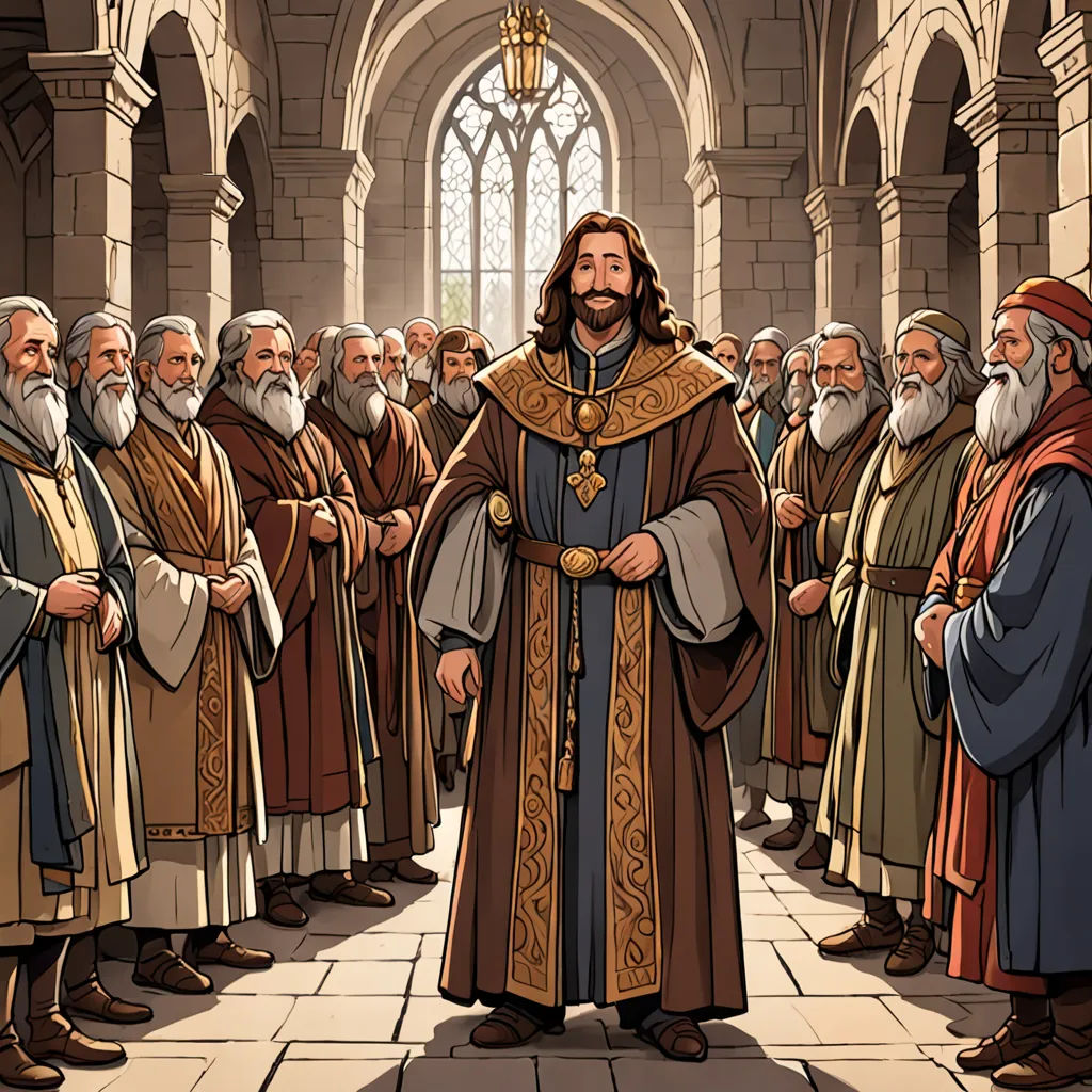 a cartoon of a man in a church surrounded by other men in robes and robes, standing in front of a group of men, romanesque, a storybook illustration, Brothers Hildebrandt, official art