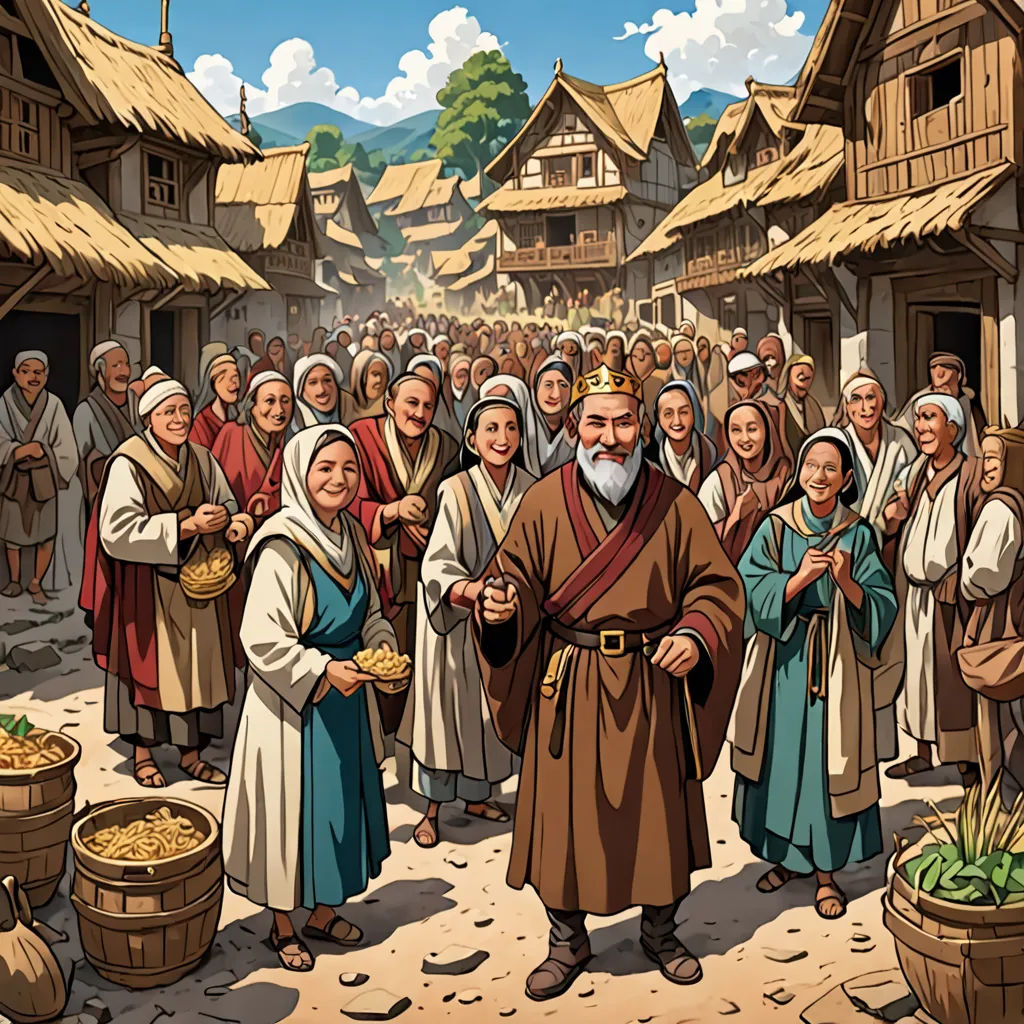 a painting of a man standing in front of a crowd of people in a village with a lot of people, excessivism, a storybook illustration, Edward Sorel, official art