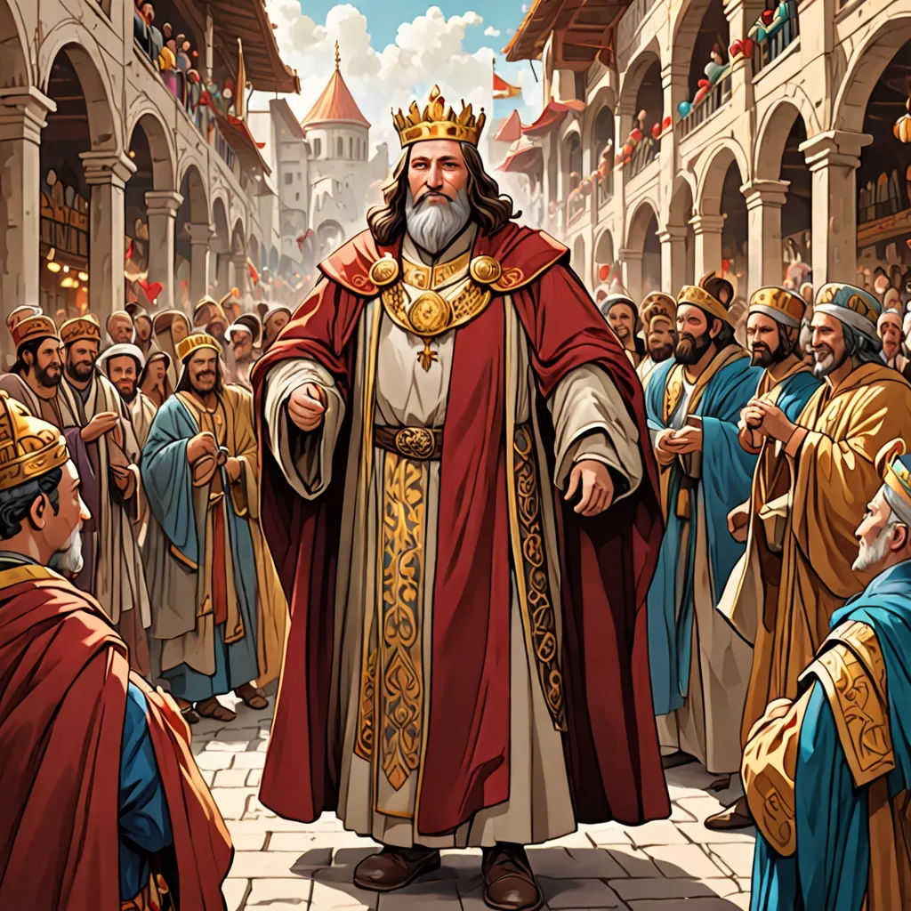 a painting of a man in a crown surrounded by other men in robes and robes, standing in a courtyard, neoism, a detailed drawing, Edward Otho Cresap Ord, II, detailed illustration