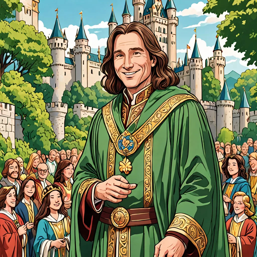 a cartoon of a man in a green robe and crown standing in front of a castle with lots of people, pre-raphaelitism, a storybook illustration, Brothers Hildebrandt, high detail illustration