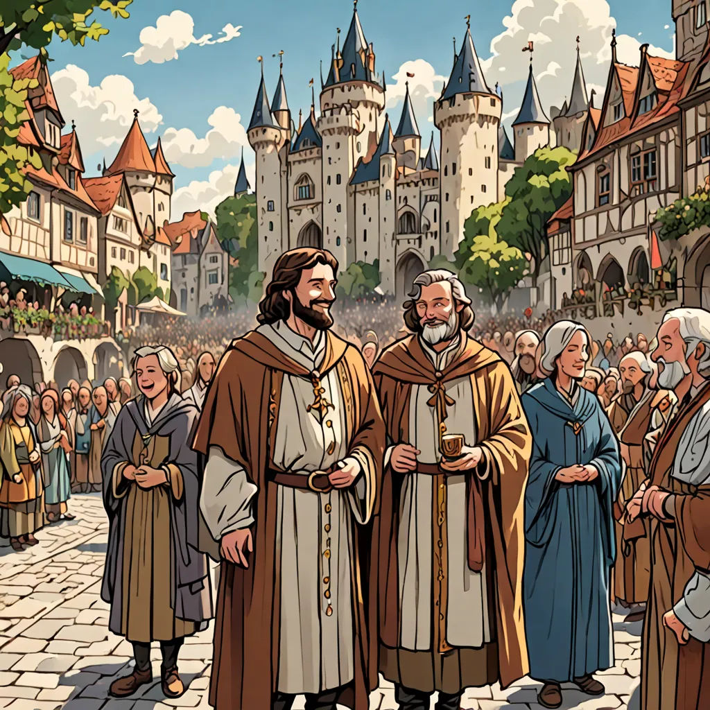 a cartoon of a group of people standing in front of a castle with a man in a brown robe, fantasy art, a comic book panel, Brothers Hildebrandt, medieval