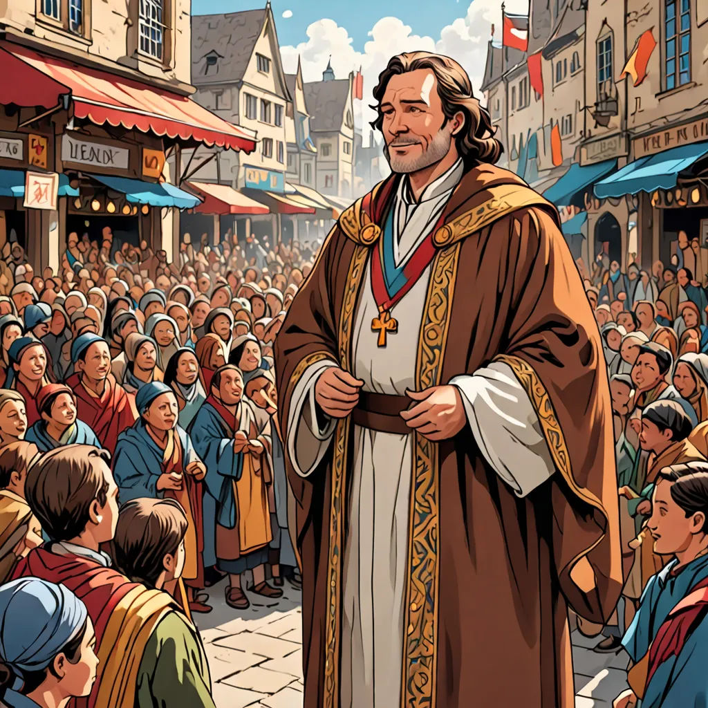 a man in a brown robe standing in front of a crowd of people in a town square with a priest, excessivism, a storybook illustration, Edward Sorel, official art