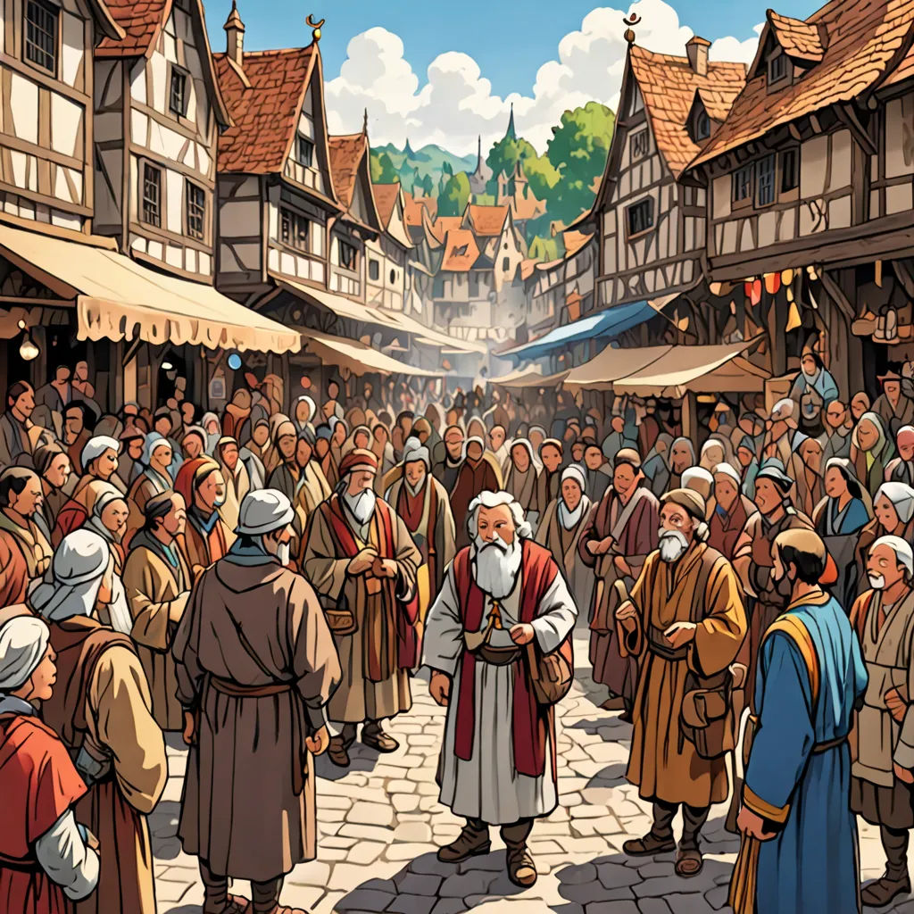 a painting of a crowd of people in a village with a man in a brown robe and a woman in a white dress, fantasy art, a comic book panel, Asaf Hanuka, medieval