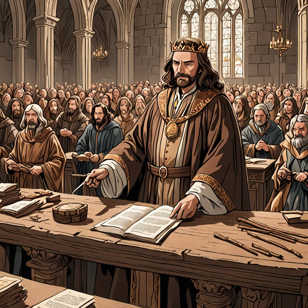a cartoon of a man standing at a table in front of a group of people in a church with a book, academic art, a comic book panel, Edward Otho Cresap Ord, II, medieval